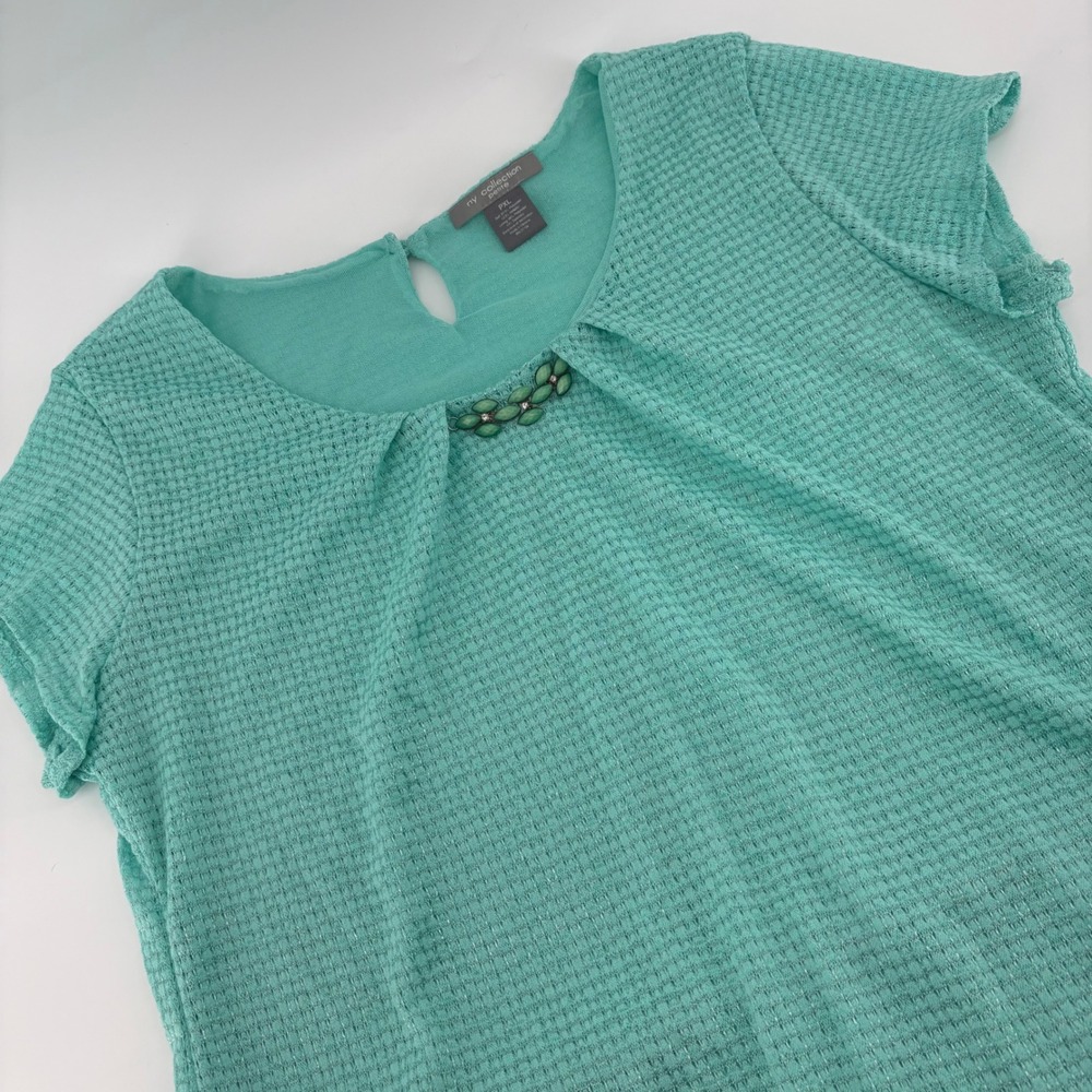 NY Collection Petite Top PXL‎ Mint Green Embellished Short Sleeve Blouse